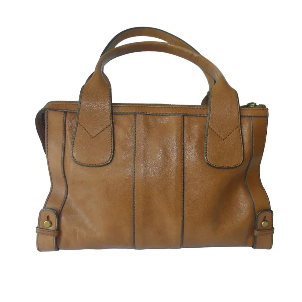 Vintage Fossil Cognac Leather Satchel Reissue Handbag Brass Key Charm Keyhole